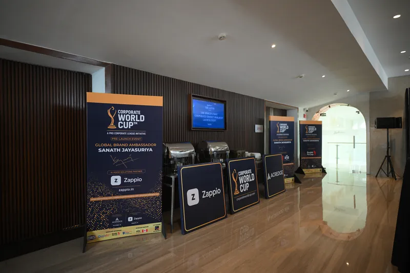 Zappio and Corporate World Cup standees in the foyer of the launch event venue
